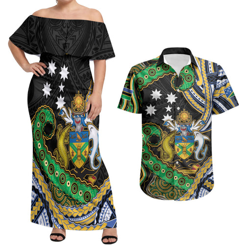 South Sea Islanders And Solomon Islands Couples Matching Off Shoulder Maxi Dress and Hawaiian Shirt Solomons Coat Of Arms And Southern Cross