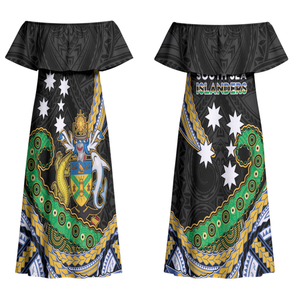 South Sea Islanders And Solomon Islands Couples Matching Off Shoulder Maxi Dress and Long Sleeve Button Shirt Solomons Coat Of Arms And Southern Cross