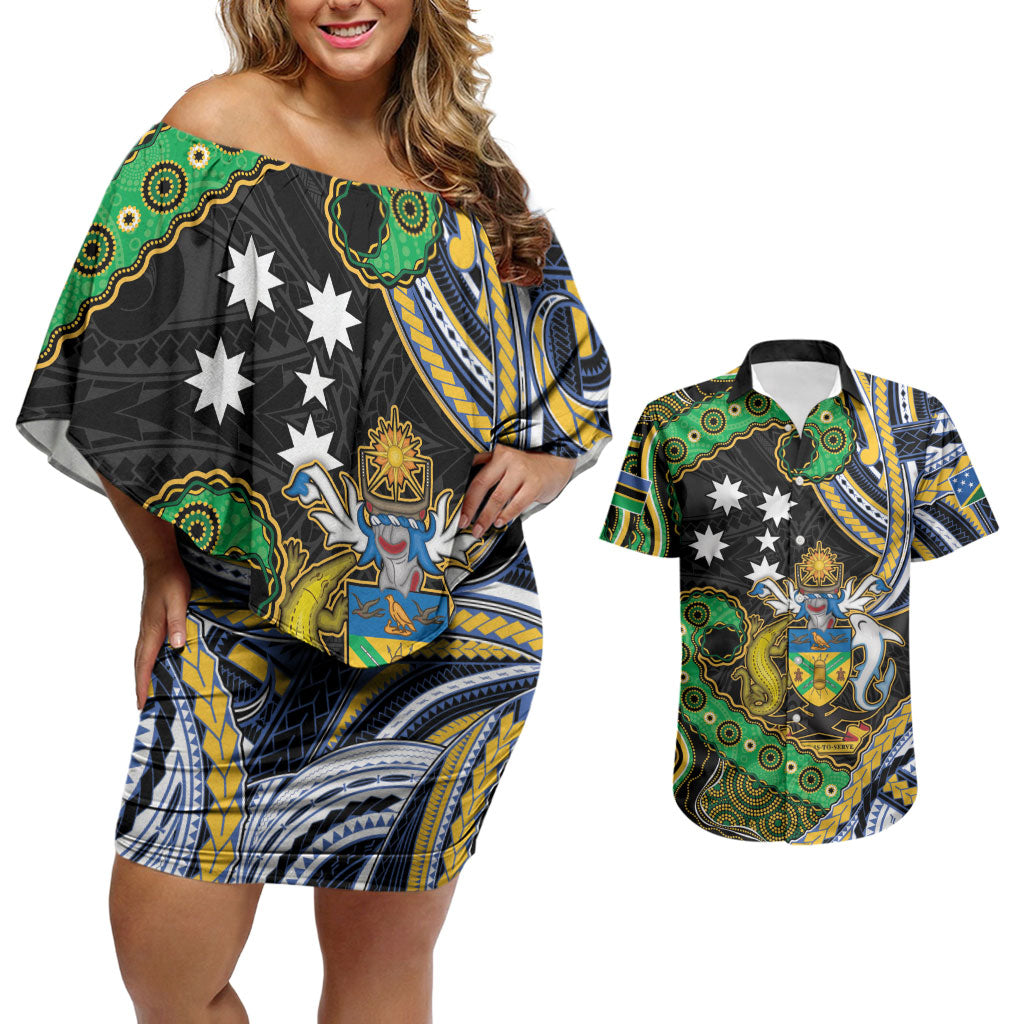 South Sea Islanders And Solomon Islands Couples Matching Off Shoulder Short Dress and Hawaiian Shirt Solomons Coat Of Arms And Southern Cross