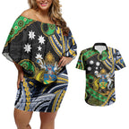 South Sea Islanders And Solomon Islands Couples Matching Off Shoulder Short Dress and Hawaiian Shirt Solomons Coat Of Arms And Southern Cross