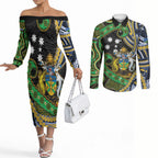 South Sea Islanders And Solomon Islands Couples Matching Off The Shoulder Long Sleeve Dress and Long Sleeve Button Shirt Solomons Coat Of Arms And Southern Cross