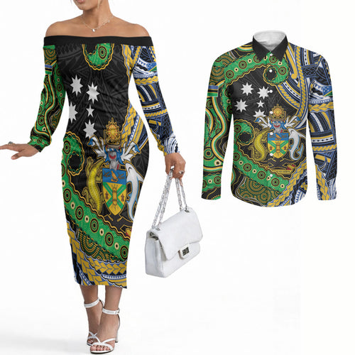 South Sea Islanders And Solomon Islands Couples Matching Off The Shoulder Long Sleeve Dress and Long Sleeve Button Shirt Solomons Coat Of Arms And Southern Cross