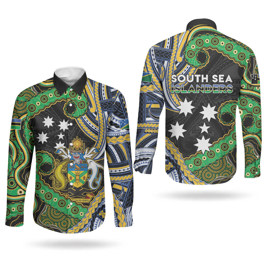 South Sea Islanders And Solomon Islands Couples Matching Off The Shoulder Long Sleeve Dress and Long Sleeve Button Shirt Solomons Coat Of Arms And Southern Cross
