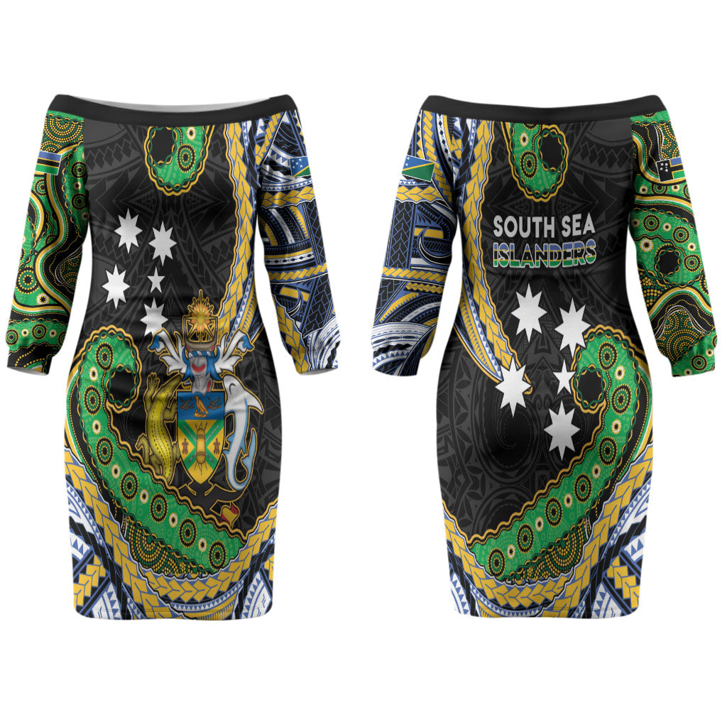 South Sea Islanders And Solomon Islands Couples Matching Off The Shoulder Long Sleeve Dress and Long Sleeve Button Shirt Solomons Coat Of Arms And Southern Cross