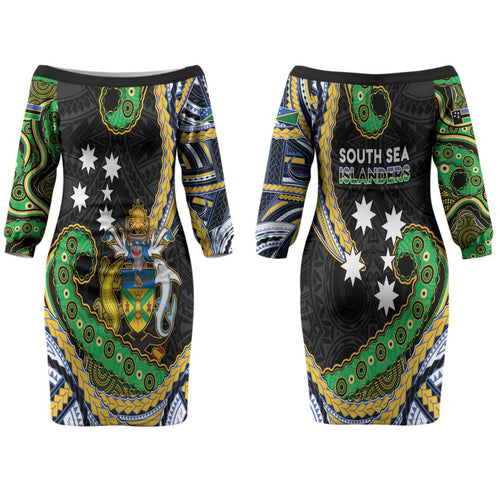 South Sea Islanders And Solomon Islands Couples Matching Off The Shoulder Long Sleeve Dress and Long Sleeve Button Shirt Solomons Coat Of Arms And Southern Cross