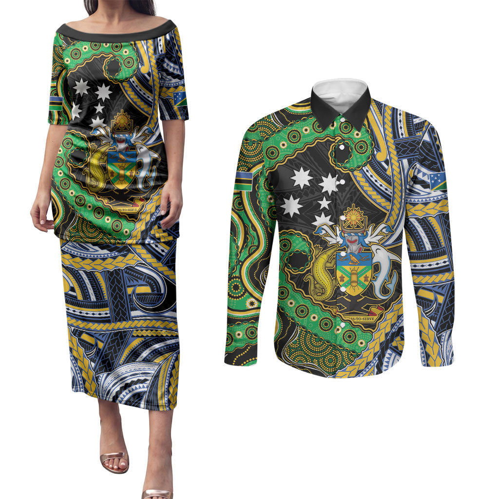 South Sea Islanders And Solomon Islands Couples Matching Puletasi and Long Sleeve Button Shirt Solomons Coat Of Arms And Southern Cross