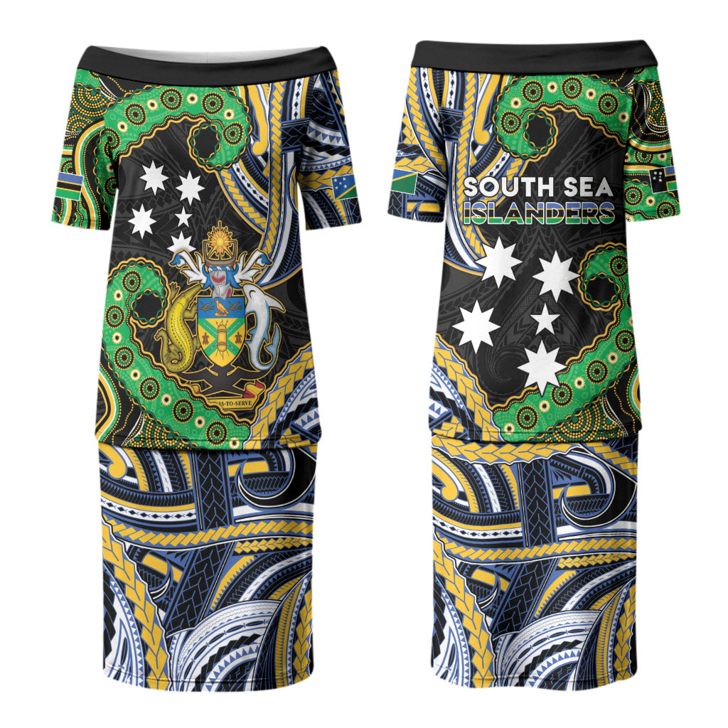 South Sea Islanders And Solomon Islands Couples Matching Puletasi and Long Sleeve Button Shirt Solomons Coat Of Arms And Southern Cross