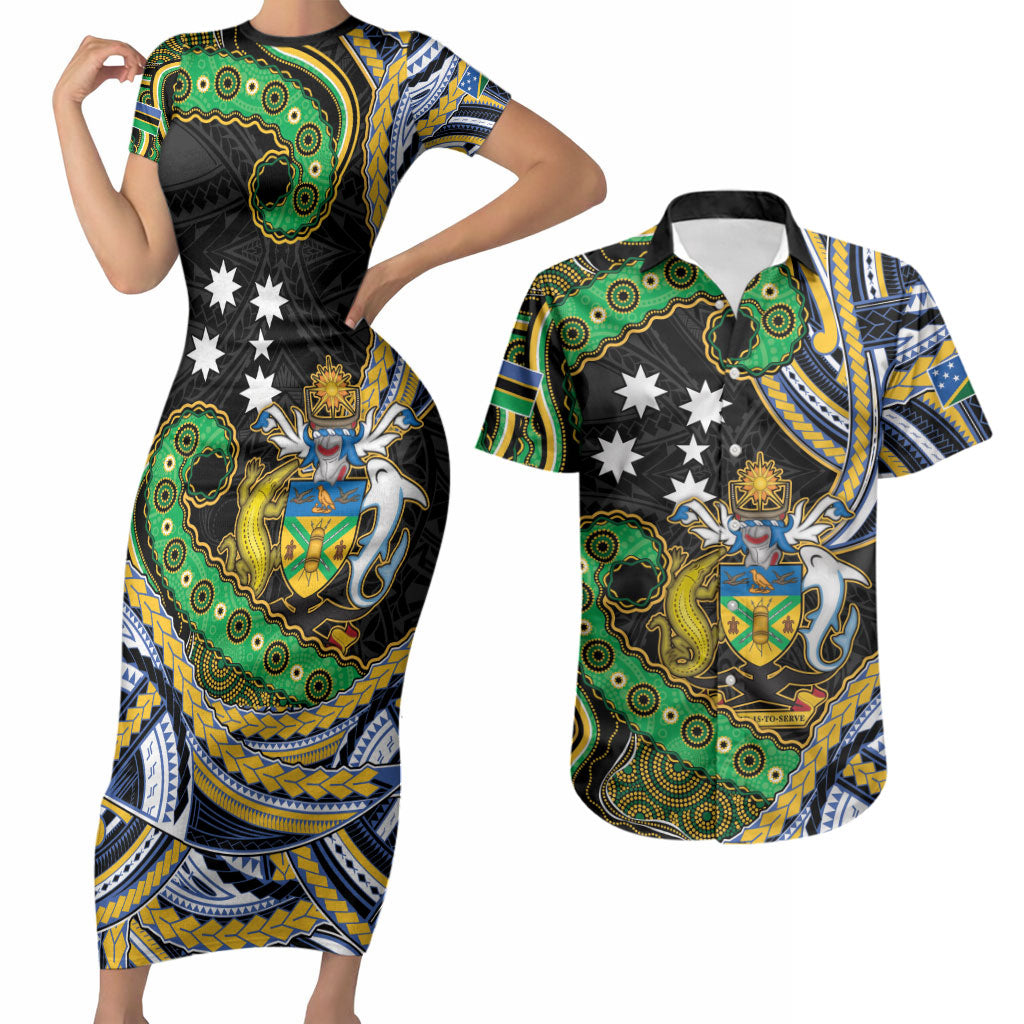 South Sea Islanders And Solomon Islands Couples Matching Short Sleeve Bodycon Dress and Hawaiian Shirt Solomons Coat Of Arms And Southern Cross