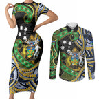 South Sea Islanders And Solomon Islands Couples Matching Short Sleeve Bodycon Dress and Long Sleeve Button Shirt Solomons Coat Of Arms And Southern Cross