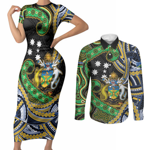 South Sea Islanders And Solomon Islands Couples Matching Short Sleeve Bodycon Dress and Long Sleeve Button Shirt Solomons Coat Of Arms And Southern Cross