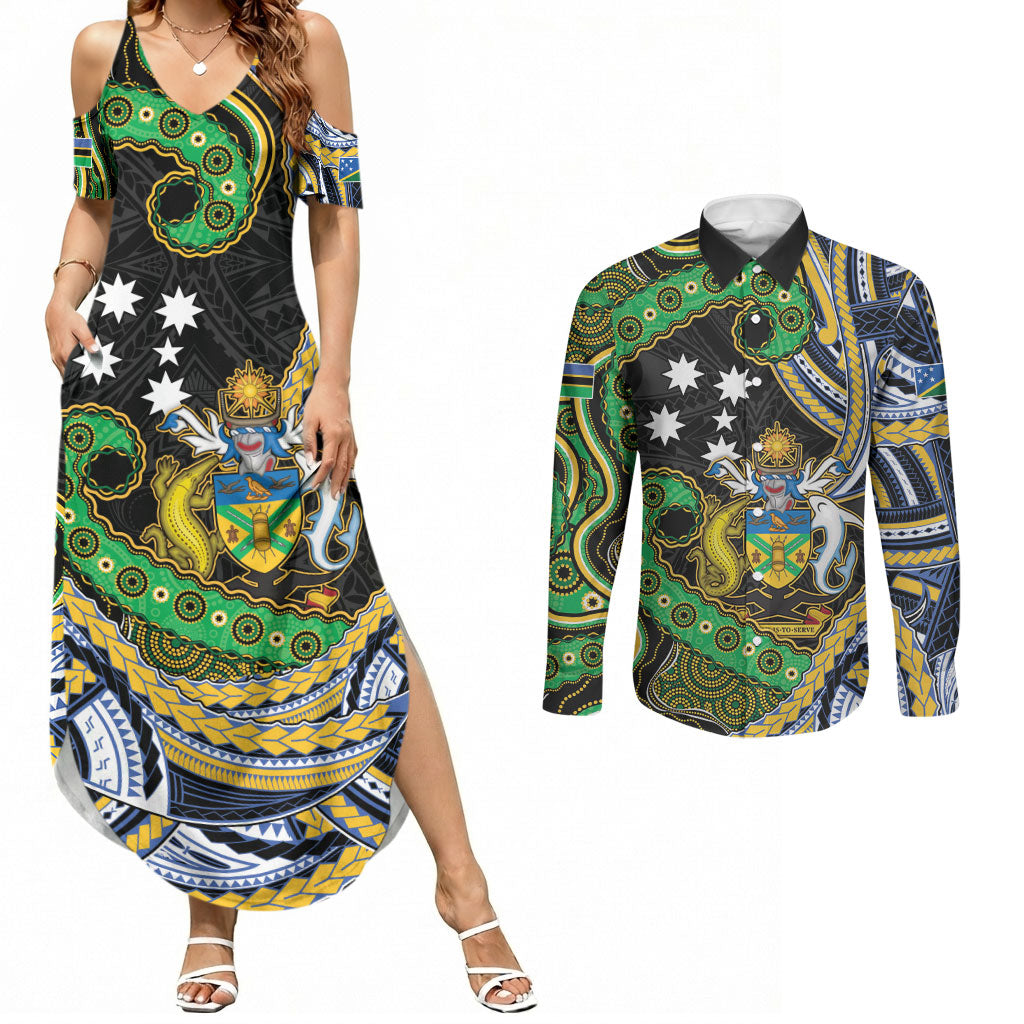 South Sea Islanders And Solomon Islands Couples Matching Summer Maxi Dress and Long Sleeve Button Shirt Solomons Coat Of Arms And Southern Cross