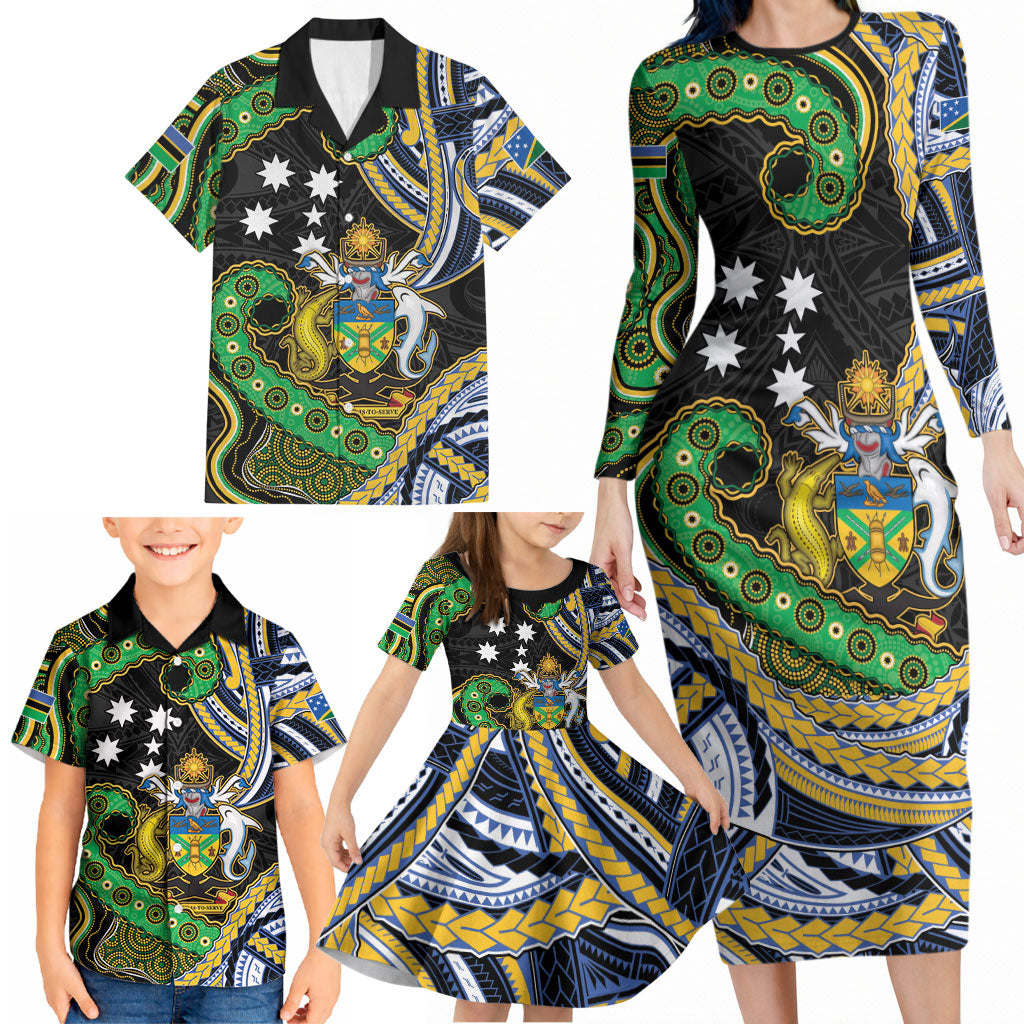 South Sea Islanders And Solomon Islands Family Matching Long Sleeve Bodycon Dress and Hawaiian Shirt Solomons Coat Of Arms And Southern Cross