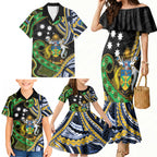 South Sea Islanders And Solomon Islands Family Matching Mermaid Dress and Hawaiian Shirt Solomons Coat Of Arms And Southern Cross