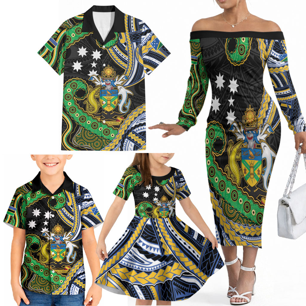 South Sea Islanders And Solomon Islands Family Matching Off The Shoulder Long Sleeve Dress and Hawaiian Shirt Solomons Coat Of Arms And Southern Cross