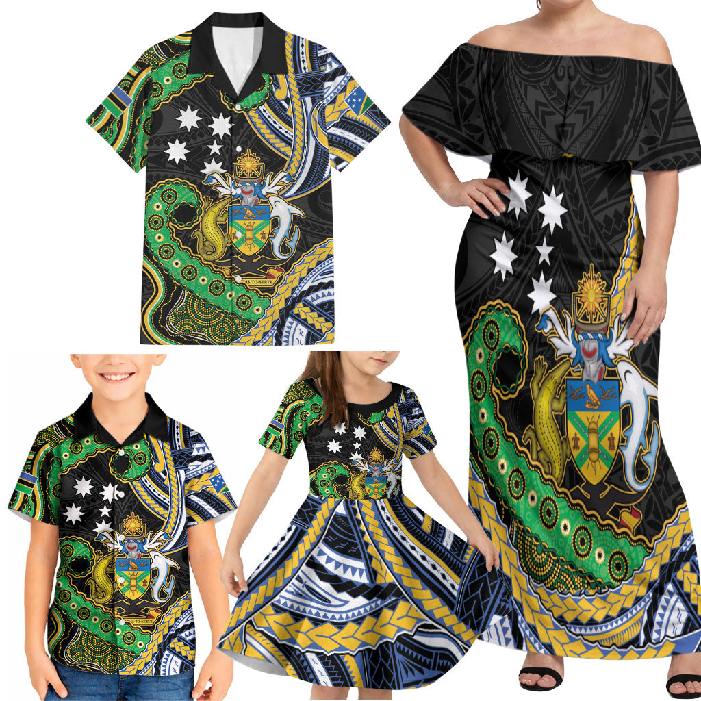 South Sea Islanders And Solomon Islands Family Matching Off Shoulder Maxi Dress and Hawaiian Shirt Solomons Coat Of Arms And Southern Cross