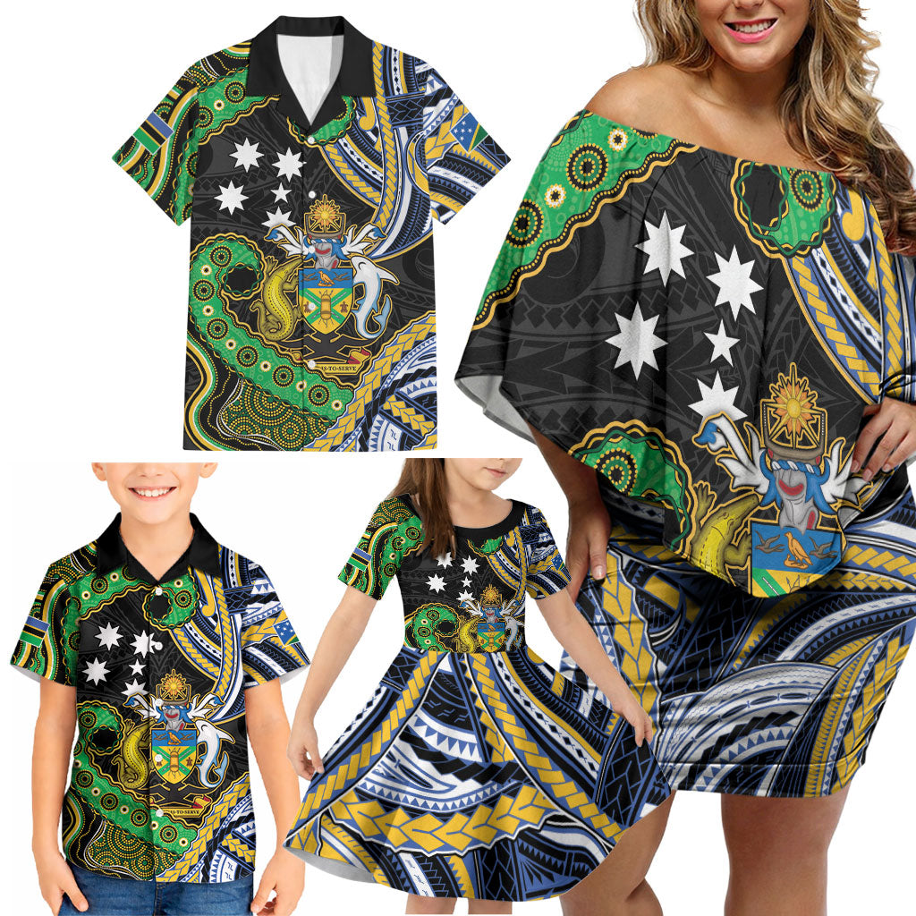 South Sea Islanders And Solomon Islands Family Matching Off Shoulder Short Dress and Hawaiian Shirt Solomons Coat Of Arms And Southern Cross