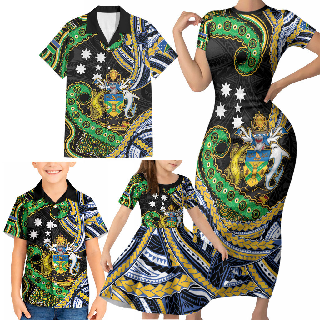 South Sea Islanders And Solomon Islands Family Matching Short Sleeve Bodycon Dress and Hawaiian Shirt Solomons Coat Of Arms And Southern Cross