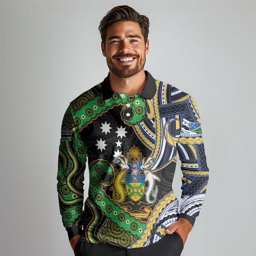 South Sea Islanders And Solomon Islands Long Sleeve Polo Shirt Solomons Coat Of Arms And Southern Cross