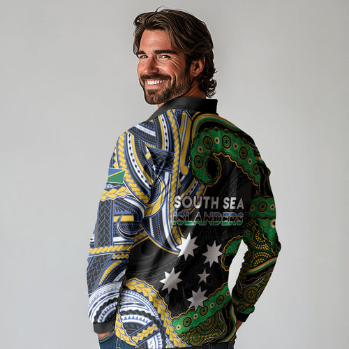 South Sea Islanders And Solomon Islands Long Sleeve Polo Shirt Solomons Coat Of Arms And Southern Cross