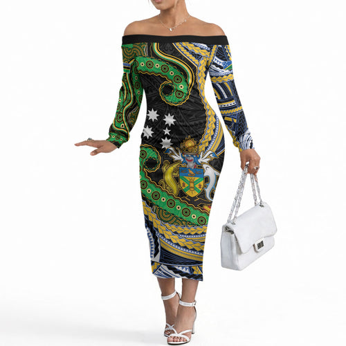 South Sea Islanders And Solomon Islands Off The Shoulder Long Sleeve Dress Solomons Coat Of Arms And Southern Cross