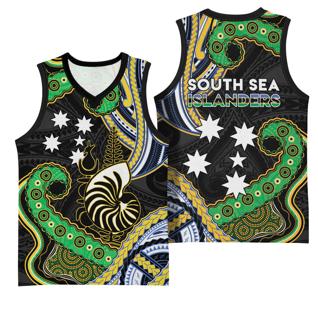 South Sea Islanders And New Caledonia Basketball Jersey Nautilus Shell Southern Cross Tribal Pattern
