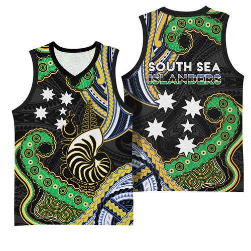 South Sea Islanders And New Caledonia Basketball Jersey Nautilus Shell Southern Cross Tribal Pattern