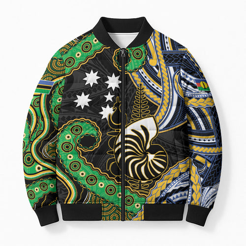 South Sea Islanders And New Caledonia Bomber Puffer Jacket Nautilus Shell Southern Cross Tribal Pattern