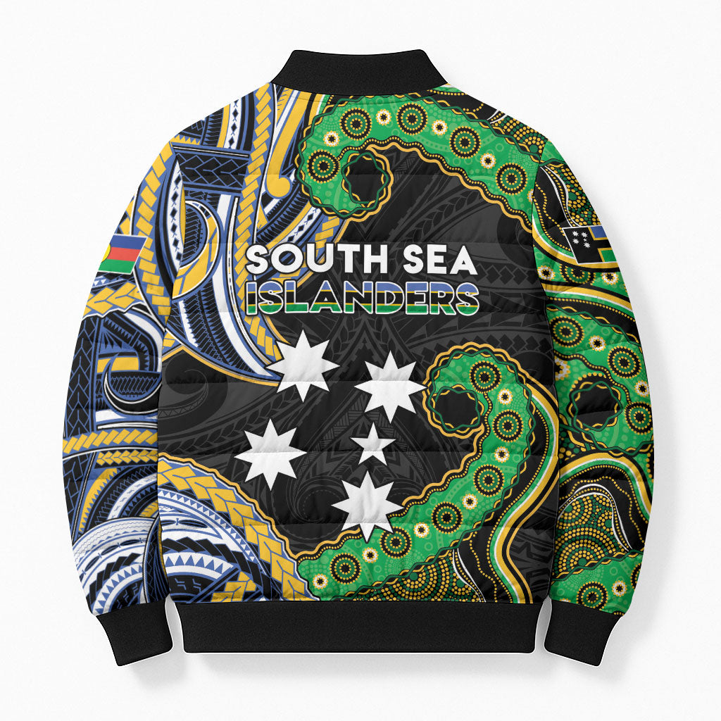 South Sea Islanders And New Caledonia Bomber Puffer Jacket Nautilus Shell Southern Cross Tribal Pattern