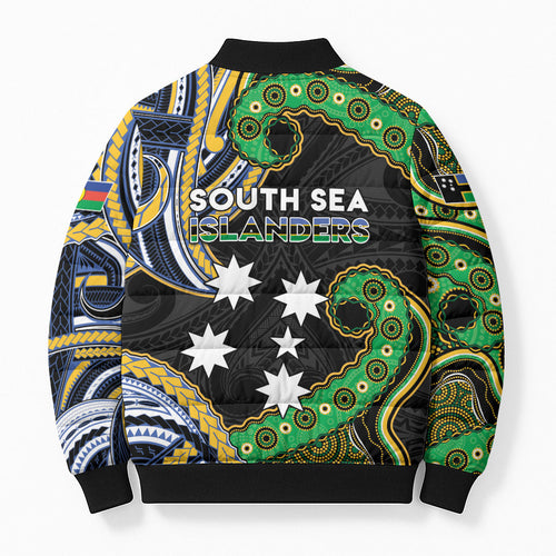 South Sea Islanders And New Caledonia Bomber Puffer Jacket Nautilus Shell Southern Cross Tribal Pattern