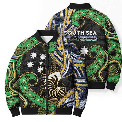 South Sea Islanders And New Caledonia Bomber Puffer Jacket Nautilus Shell Southern Cross Tribal Pattern