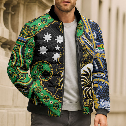 South Sea Islanders And New Caledonia Bomber Puffer Jacket Nautilus Shell Southern Cross Tribal Pattern