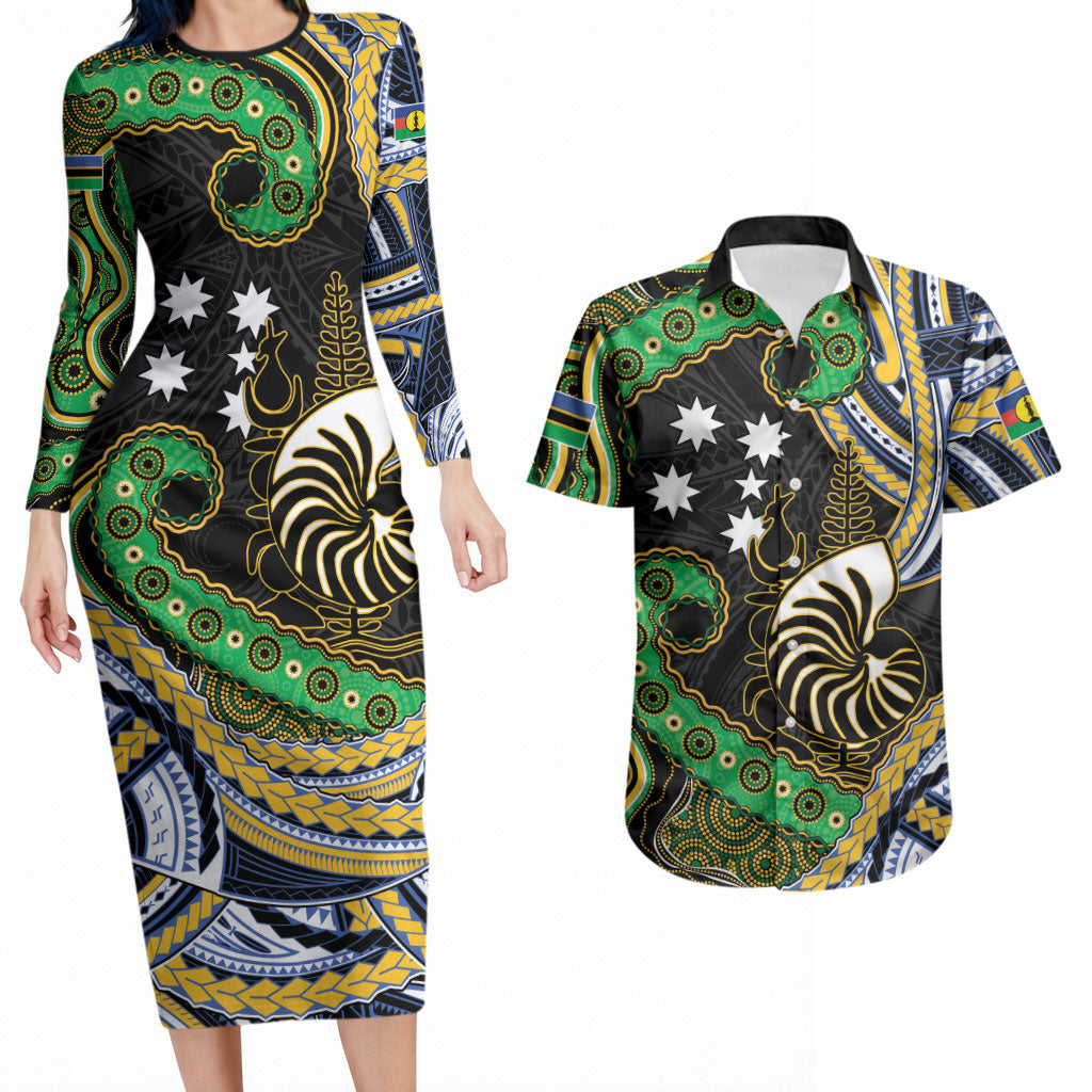 South Sea Islanders And New Caledonia Couples Matching Long Sleeve Bodycon Dress and Hawaiian Shirt Nautilus Shell Southern Cross Tribal Pattern