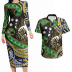 South Sea Islanders And New Caledonia Couples Matching Long Sleeve Bodycon Dress and Hawaiian Shirt Nautilus Shell Southern Cross Tribal Pattern