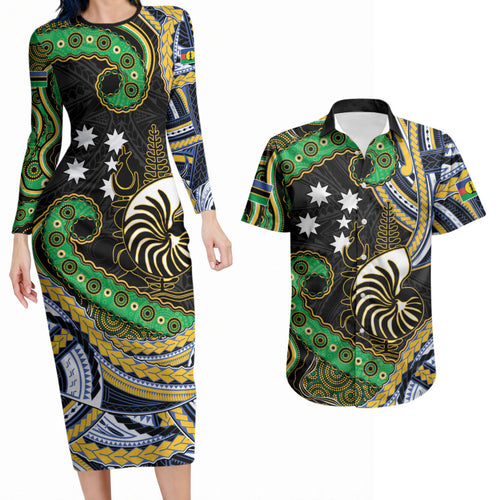 South Sea Islanders And New Caledonia Couples Matching Long Sleeve Bodycon Dress and Hawaiian Shirt Nautilus Shell Southern Cross Tribal Pattern