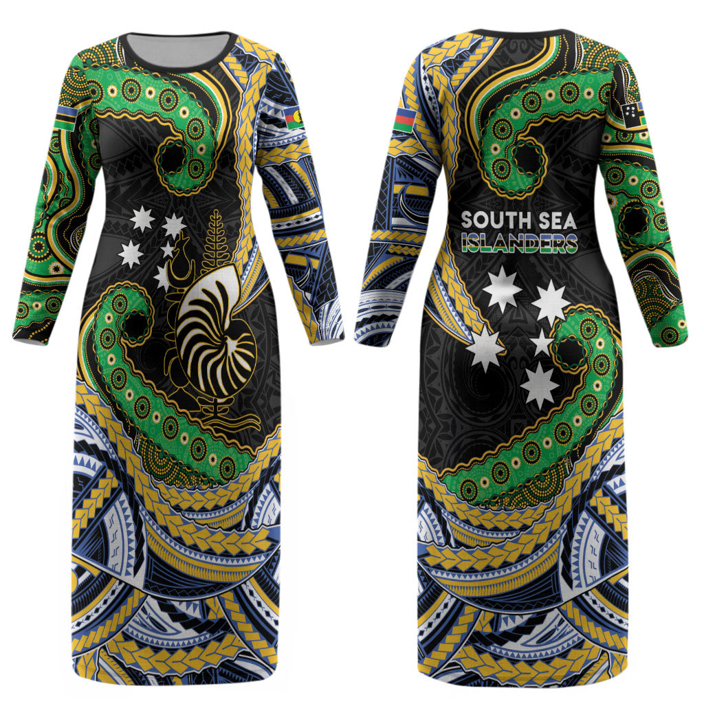 South Sea Islanders And New Caledonia Couples Matching Long Sleeve Bodycon Dress and Hawaiian Shirt Nautilus Shell Southern Cross Tribal Pattern