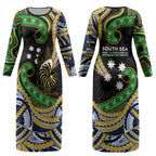 South Sea Islanders And New Caledonia Couples Matching Long Sleeve Bodycon Dress and Hawaiian Shirt Nautilus Shell Southern Cross Tribal Pattern