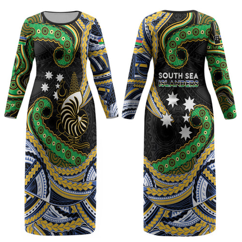 South Sea Islanders And New Caledonia Couples Matching Long Sleeve Bodycon Dress and Hawaiian Shirt Nautilus Shell Southern Cross Tribal Pattern