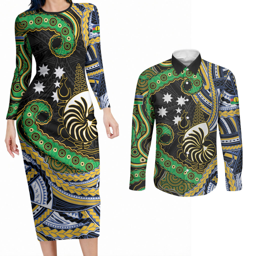 South Sea Islanders And New Caledonia Couples Matching Long Sleeve Bodycon Dress and Long Sleeve Button Shirt Nautilus Shell Southern Cross Tribal Pattern