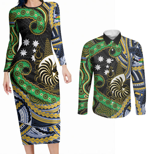 South Sea Islanders And New Caledonia Couples Matching Long Sleeve Bodycon Dress and Long Sleeve Button Shirt Nautilus Shell Southern Cross Tribal Pattern