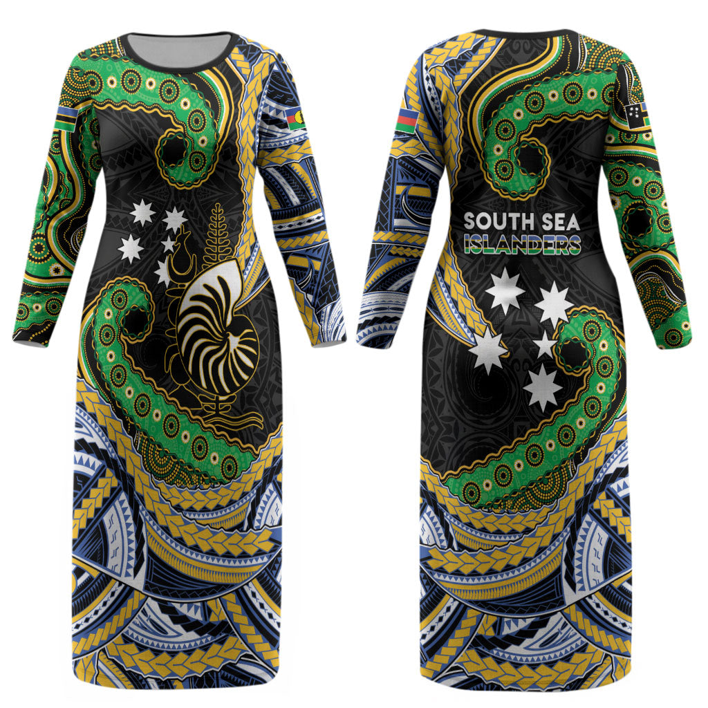 South Sea Islanders And New Caledonia Couples Matching Long Sleeve Bodycon Dress and Long Sleeve Button Shirt Nautilus Shell Southern Cross Tribal Pattern