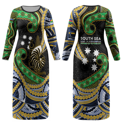 South Sea Islanders And New Caledonia Couples Matching Long Sleeve Bodycon Dress and Long Sleeve Button Shirt Nautilus Shell Southern Cross Tribal Pattern