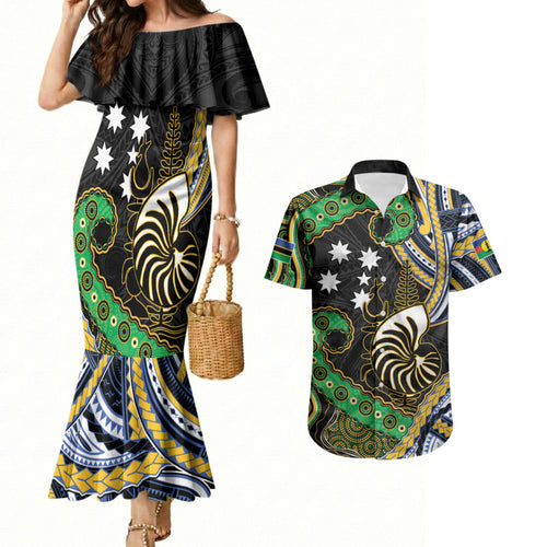 South Sea Islanders And New Caledonia Couples Matching Mermaid Dress and Hawaiian Shirt Nautilus Shell Southern Cross Tribal Pattern