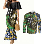 South Sea Islanders And New Caledonia Couples Matching Mermaid Dress and Long Sleeve Button Shirt Nautilus Shell Southern Cross Tribal Pattern
