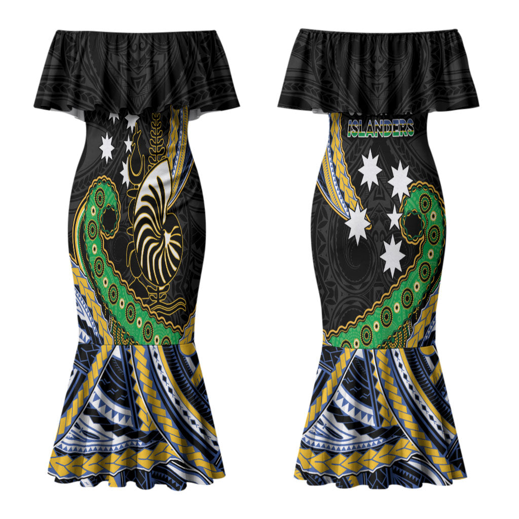 South Sea Islanders And New Caledonia Couples Matching Mermaid Dress and Long Sleeve Button Shirt Nautilus Shell Southern Cross Tribal Pattern