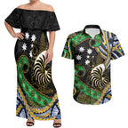 South Sea Islanders And New Caledonia Couples Matching Off Shoulder Maxi Dress and Hawaiian Shirt Nautilus Shell Southern Cross Tribal Pattern