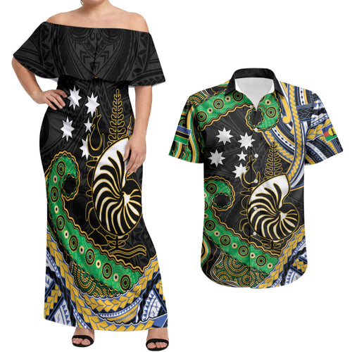 South Sea Islanders And New Caledonia Couples Matching Off Shoulder Maxi Dress and Hawaiian Shirt Nautilus Shell Southern Cross Tribal Pattern