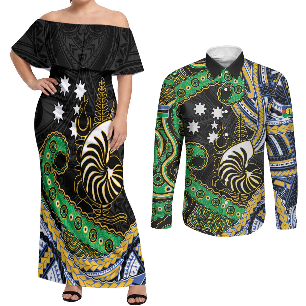 South Sea Islanders And New Caledonia Couples Matching Off Shoulder Maxi Dress and Long Sleeve Button Shirt Nautilus Shell Southern Cross Tribal Pattern