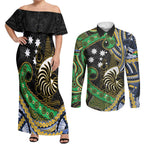 South Sea Islanders And New Caledonia Couples Matching Off Shoulder Maxi Dress and Long Sleeve Button Shirt Nautilus Shell Southern Cross Tribal Pattern