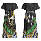 South Sea Islanders And New Caledonia Couples Matching Off Shoulder Maxi Dress and Long Sleeve Button Shirt Nautilus Shell Southern Cross Tribal Pattern