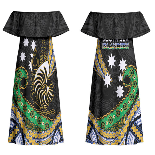 South Sea Islanders And New Caledonia Couples Matching Off Shoulder Maxi Dress and Long Sleeve Button Shirt Nautilus Shell Southern Cross Tribal Pattern